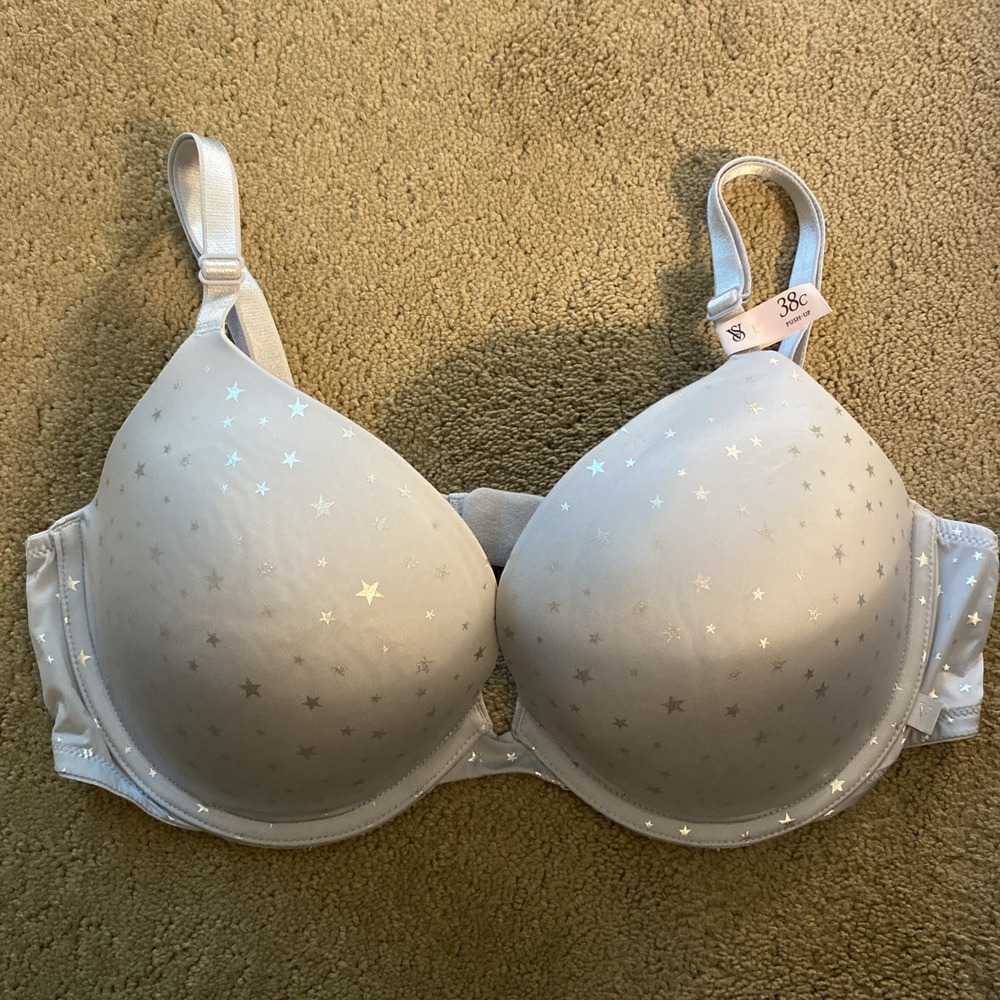 NWT VICTORIA'S SECRET PUSH-UP EVERYDAY COMFY SATIN GREY BRA W/STAR PATTERN 38C